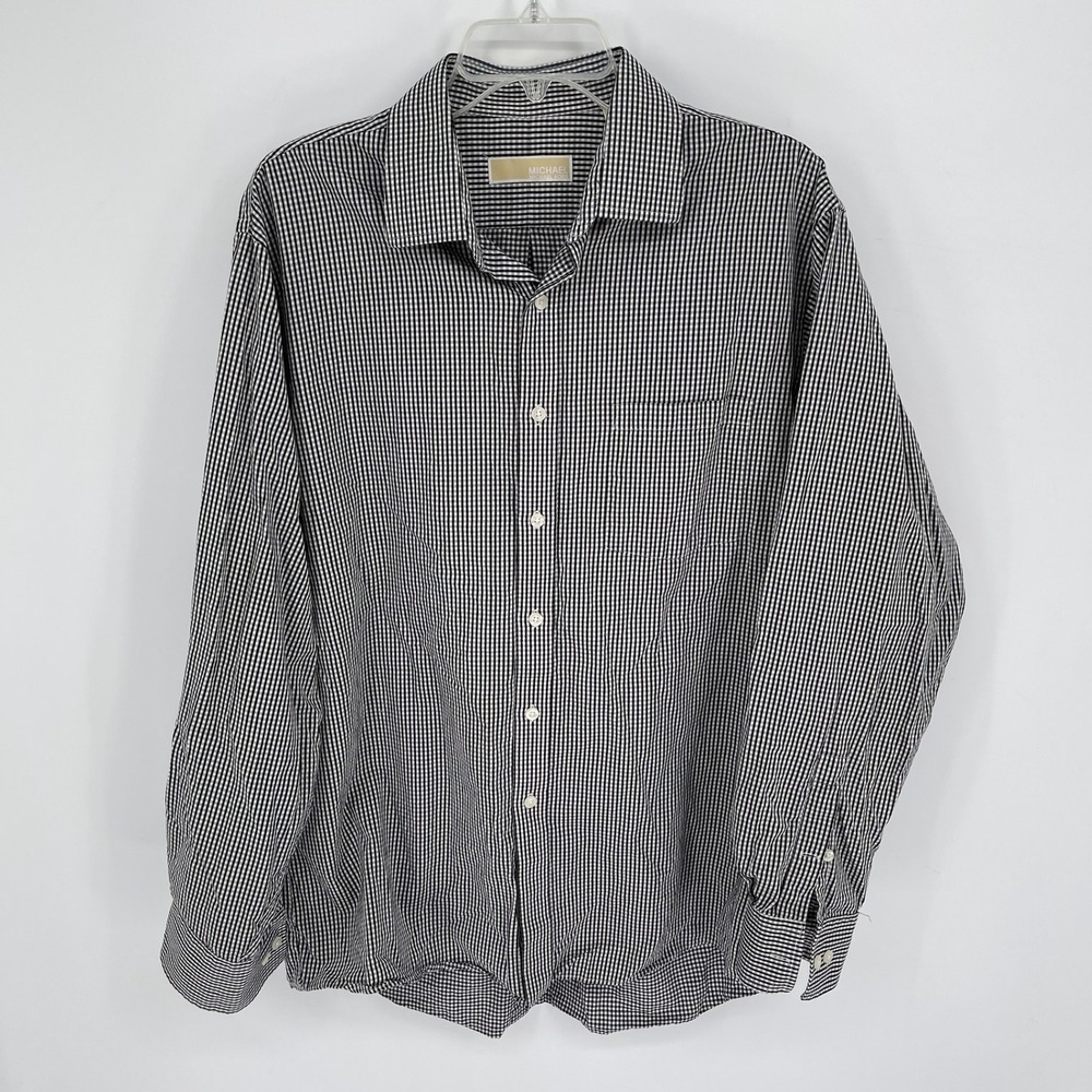 Michael Kors Men's Black Gingham Regular Fit Button-Down Shirt‎ Size 16.5 34/35